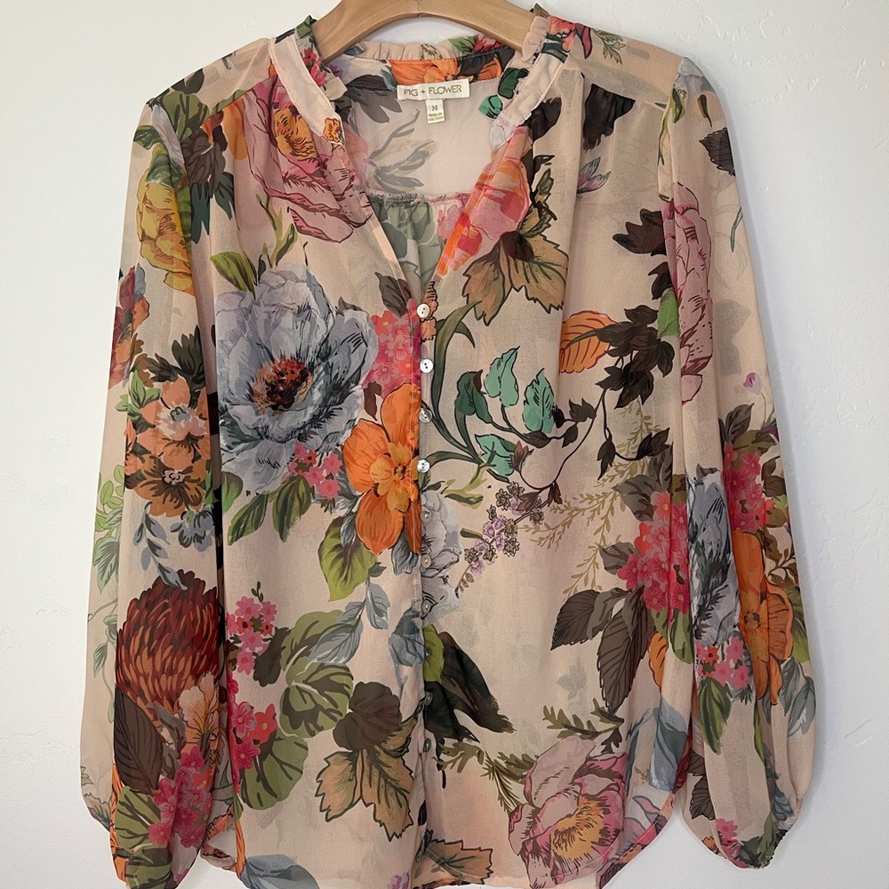 Fig and Flower sold by Anthropologie Beige Sheer Floral Button-Front Blouse